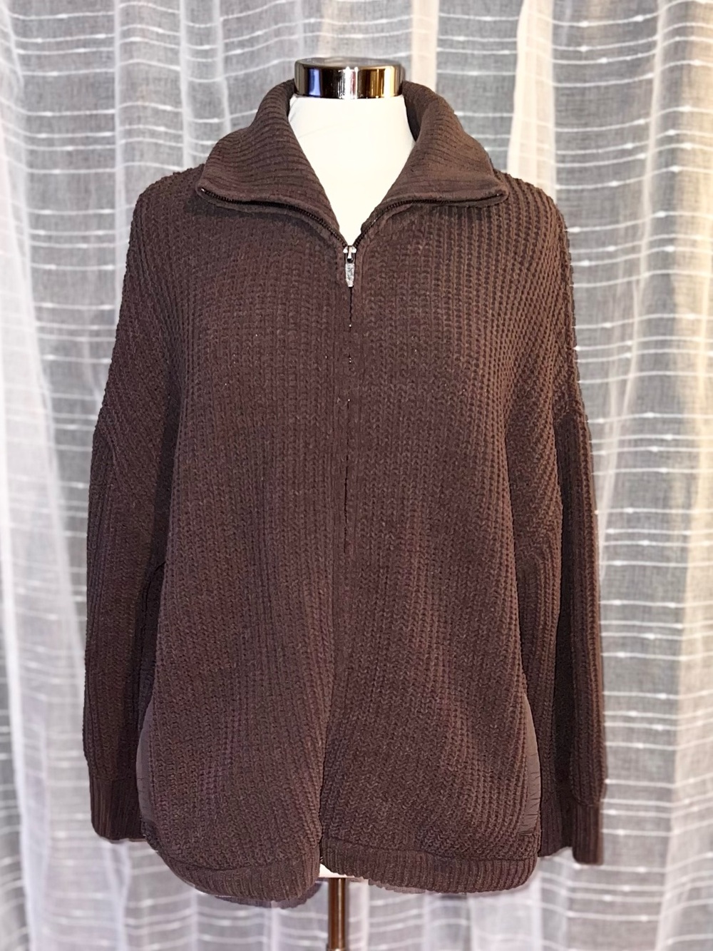 FLX Sz L Soft Ribbed Zip-up Jacket in Brown